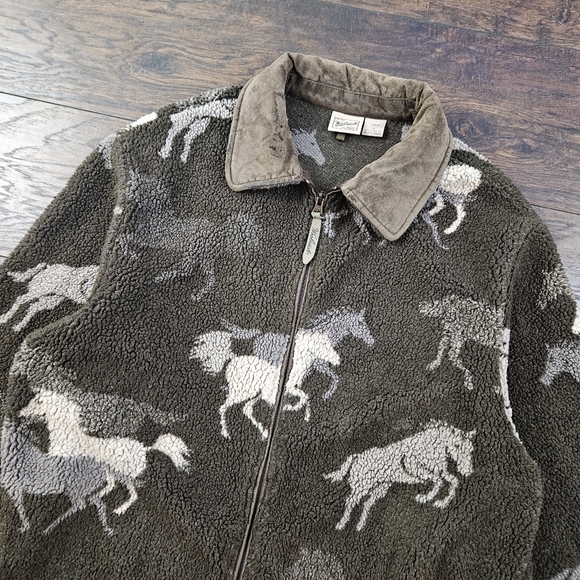 Vintage Y2K Woolrich Brown Sherpa Horse Pattern Jacket w/ Suede Collar Sz Large - Picture 3 of 10